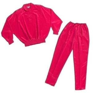 Vintage 80s Your Way Top and Pants Outfit Set Fuchsia Pink Dolman Sleeve Size XS